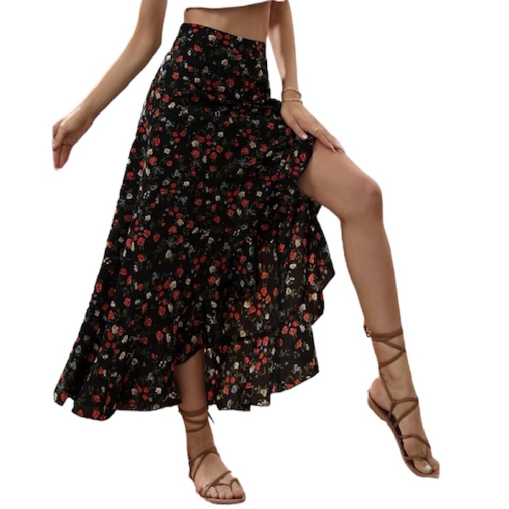 Ditsy Floral Print Ruffle Trim Asymmetrical Hem Skirt - Picture 3 of 7